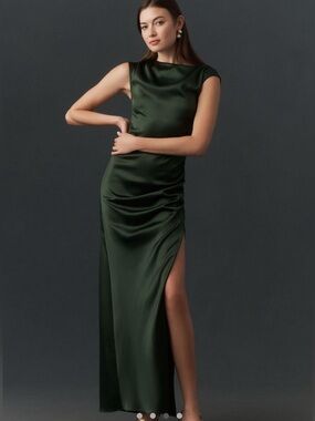 BHLDN Dark Emerald Satin Maxi Dress with Side Slit